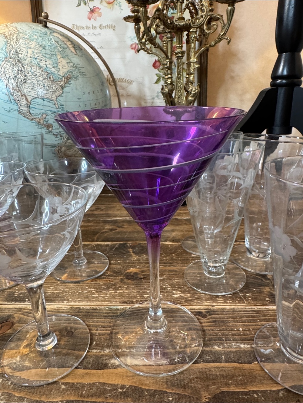 Vintage Mikasa Cheers Martini Glass Purple Swirl